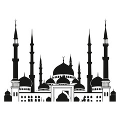 A minimalistic black and white vector silhouette of a traditional mosque, highlighting its domes and pillars on a clean white background