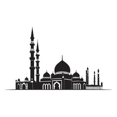 A black and white vector silhouette of a grand mosque with towering minarets on a white background