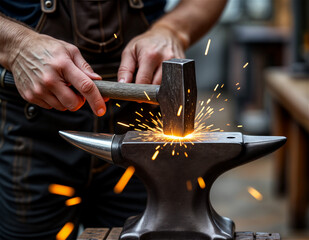 Blacksmith hammering heated metal on anvil. Sparks flying. Traditional craftsmanship in focus. Symbol of Canadian heritage, celebrating skilled labor and artisanal work.