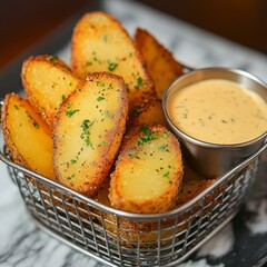 Delicious fried potato wedges, with a golden crispy finish and a sprinkle of parsley, served in a metal basket with a side of tangy dipping sauce.