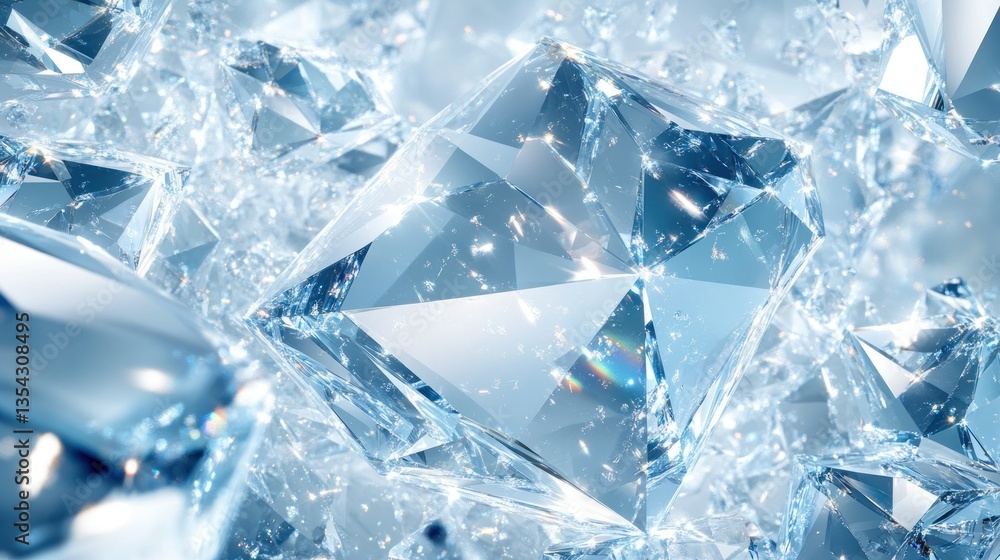 Poster a mesmerizing array of multifaceted ice crystals, glittering with internal light reflections
