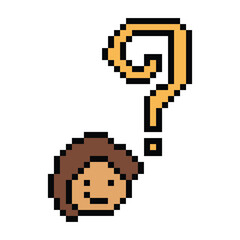 Fototapeta premium Cute pixel cartoon character man with question mark decoration 8 bit male boy confused idea question mark quiz questionnaire choose cartoon pixel game 8bit png vector.