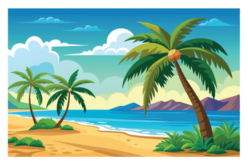 Obraz premium A simple and clear name for the image could be: Tropical beach with palm trees and ocean view