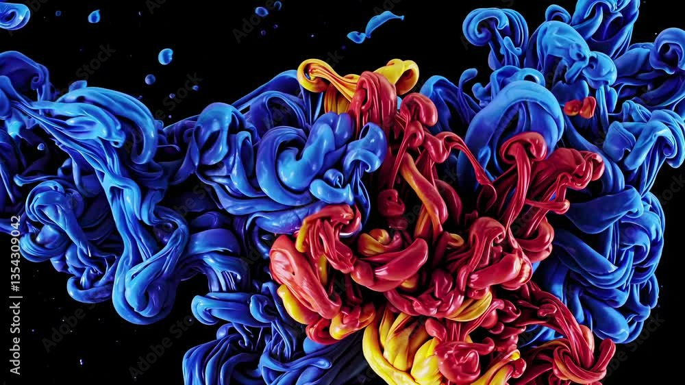 Poster abstract video art with swirling blue and red ink in water, captured from a close-up angle, creating