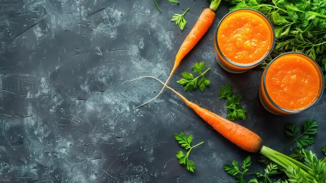 Celebration of world carrot day with fresh carrots and healthy carrot juice on rustic background. World Vegan Day. Healthy Food. World Vegetarian Day. Copy space. Top view. Flat lay