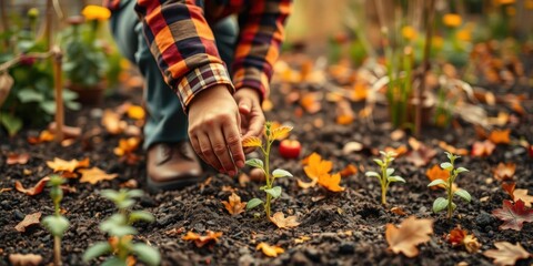 Autumn Gardening Hands Planting Saplings in Soil with Fallen Leaves