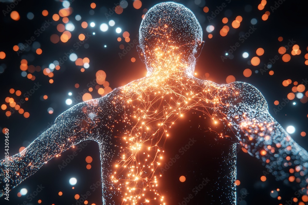 Poster ai-driven vision algorithms. a glowing, abstract human figure made of light and connections against 