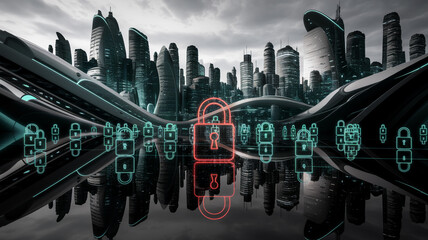 Futuristic city skyline reflected in a dark surface, overlaid with glowing padlock icons, symbolizing digital security and urban technology