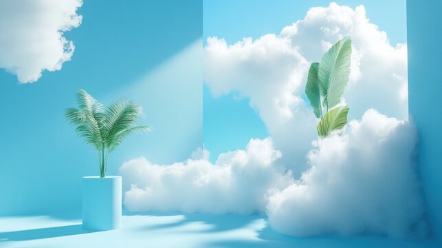 Pastel Cloud Room Interior with Plants, Sunlight, and Clouds