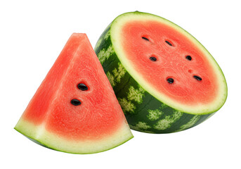 A whole watermelon with green striped rind sits behind a large slices isolated on transparent background