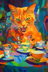 Colorful cat at a whimsical tea party, mouth open.