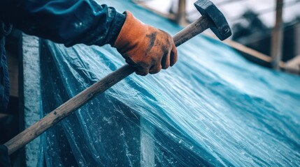 A construction worker's hand secures a tarp with a hammer and nails, ensuring stability and protection on-site.