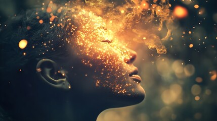 Inner Radiance: A close-up shot captures a person's face in profile, bathed in warm light and surrounded by floating particles. It’s an ethereal representation of inner beauty and spiritual awakening.