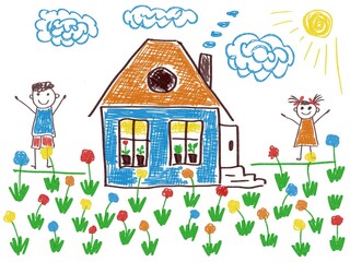 Obraz premium Like children drawing house, girl and boy, grass and flowers the sun and clouds illustration 