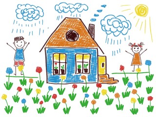 Fototapeta premium Like children drawing house, girl and boy, grass and flowers the sun and clouds illustration 