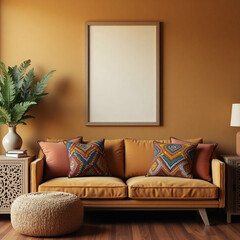 Warm ochre living room interior with ethnic patterned cushions and blank frame