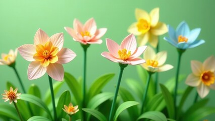 Fototapeta premium A vibrant collection of pastel-colored blossoms, delicately arranged in a lush green meadow, evokes a feeling of springtime serenity and gentle beauty.