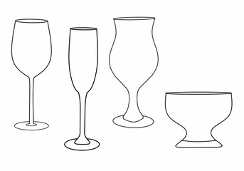 Collection of various glasses. Wine glasses or cocktail glasses. Simple minimalist style. Glass icon for logo in restaurant or bar. Vector