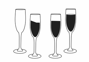 Champagne glass or wine glass black and white. Wine glass isolated on white background.