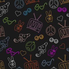 Seamless pattern with chaotically placed multi-colored contour objects in groovy style. Black background. Vector illustration