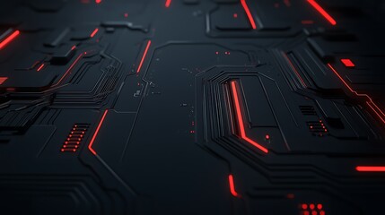 Abstract dark circuit board with red glowing lines.