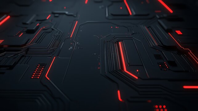 Abstract dark circuit board with red glowing lines.