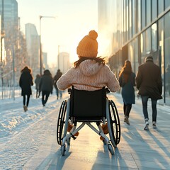 Obraz premium Woman in Wheelchair for City Sunset Stroll.