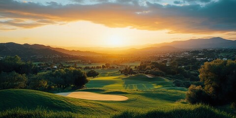 Obraz premium Golden Hour on the Green: Sunset Serenity at the Golf Course 