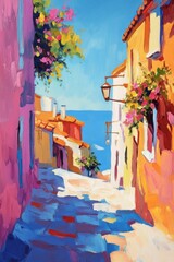 Colorful buildings lead to azure sea and blue skies.