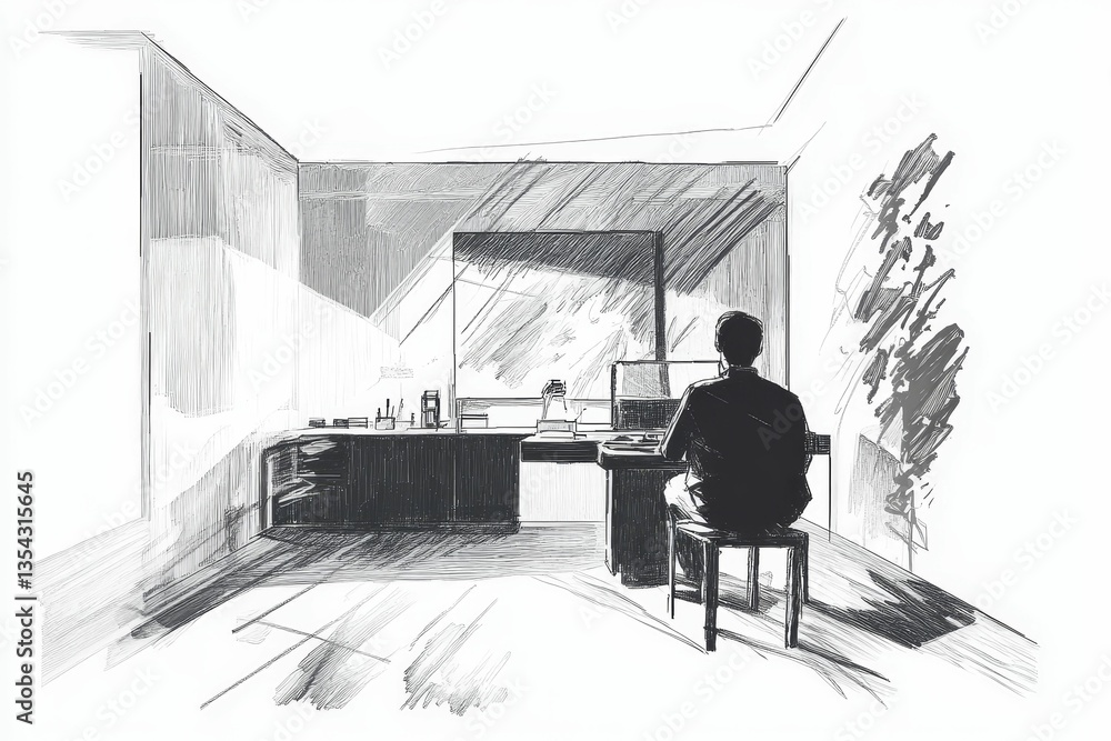 Poster back view man works desk computer sketch