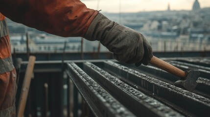 A construction worker's hand taps a hammer to precisely adjust a steel frame's position on-site.