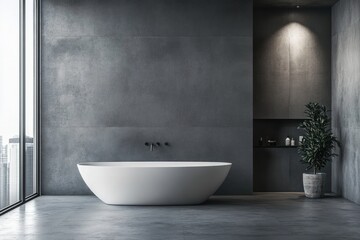 A minimalist modern bathroom with a concrete wall, showcasing clean, contemporary lines and a simple yet stylish design that evokes a sense of calm and tranquility.