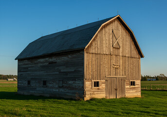Obraz premium A rustic farm barn with weathered wooden walls in a rural landscape.