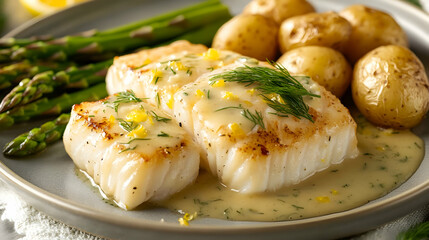 Pan-Seared Fish with Lemon Dill Sauce and Roasted Vegetables