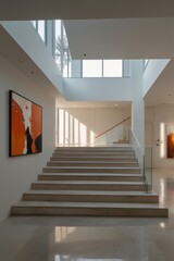 Fototapeta premium Modern interior staircase bathed in sunlight, minimalist art adorns the wall