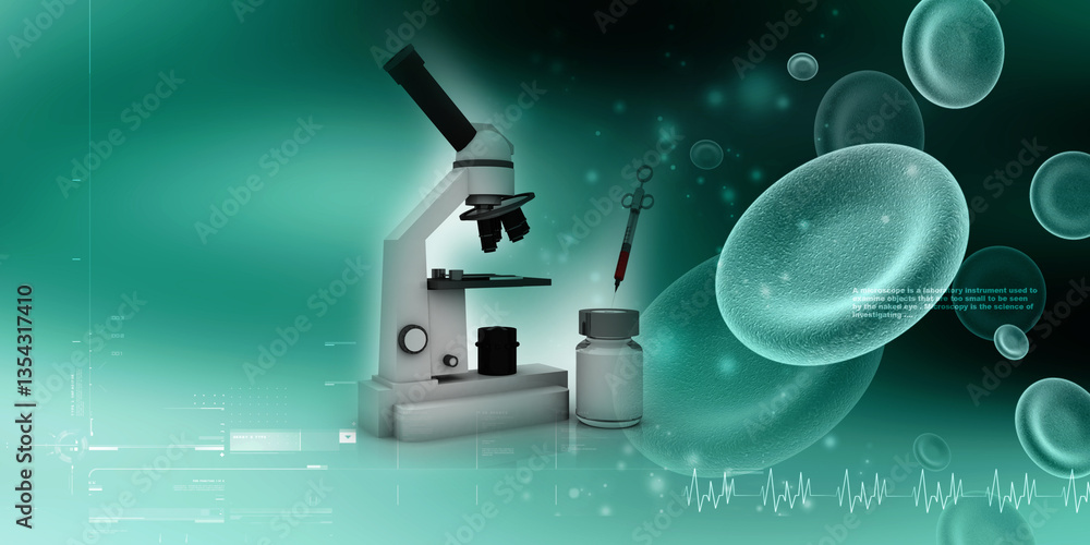 Poster 3d rendering virus testing microscope with blood sample bottle syringe