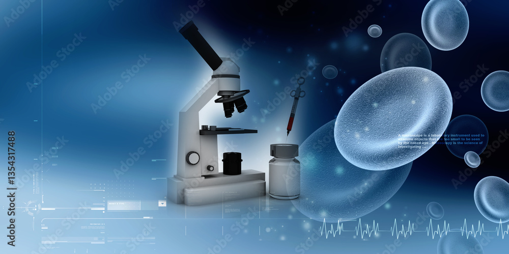 Aufkleber 3d rendering virus testing microscope with blood sample bottle syringe