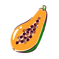 Half papaya with seeds. Sweet juicy tropical dessert with vitamins, exotic papaya slice with ripe pulp. Summer fruit, food mascot, pawpaw cartoon vector illustration