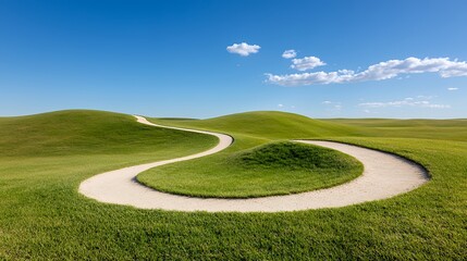 Obraz premium Winding Pathway Through Green Hills Under a Clear Blue Sky with Clouds