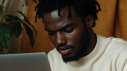 Focused young man using laptop indoors.