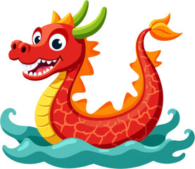 Fototapeta premium Cartoon Red Dragon with Green Horns in Water, transparent background