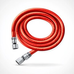 Fire hose in a flat vector style, partially uncoiled, bright red and metallic silver tones, isolated on a plain white background, clean sharp edges, and simple geometric shapes.