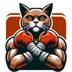 화려한 마스코트 스타일의 복서 고양이 일러스트로, 프리미엄 벡터 그래픽 형식으로 제작되어 클립아트 배경의 로고에 완벽하며 생생한 디테일과 역동적인 에너지가 특징임.