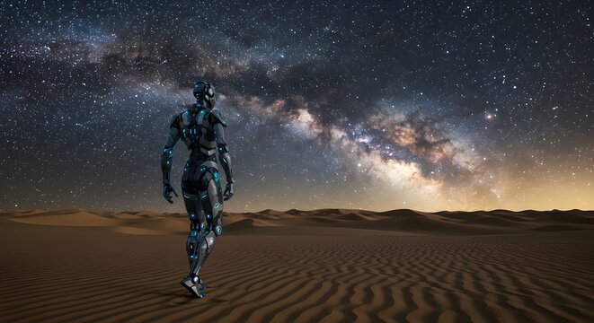 Robot Walking in Desert Under Starry Sky Futuristic Adventure Scene