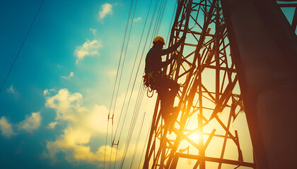 With a futuristic network overlay illustrating the links between power systems, a maintenance engineer works on a high-voltage transmission tower