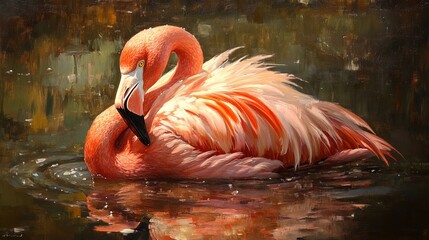 Flamingo gracefully preening in shallow water, with its curved neck and vibrant feathers softly glowing under warm natural light for an intimate wildlife moment.