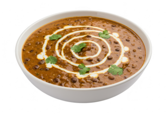 A bowl of creamy dal makhani, black lentils, topped with a swirl of cream and freshly chopped coriander leaves isolated on transparent background