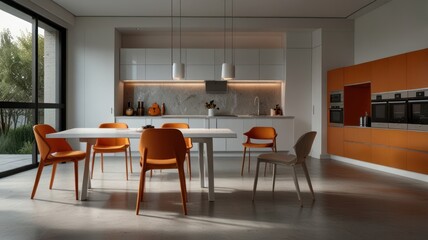 Fototapeta premium Modern kitchen and dining area with orange chairs and white cabinets