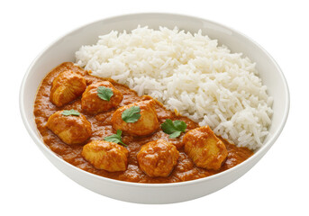 A bowl filled half with fluffy basmati rice and half with rich, red chicken curry isolated on transparent background