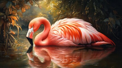 Flamingo resting in a lagoon, with its striking pink feathers and curved neck reflected in the clear water, illuminated by warm, gentle light for a peaceful vibe.